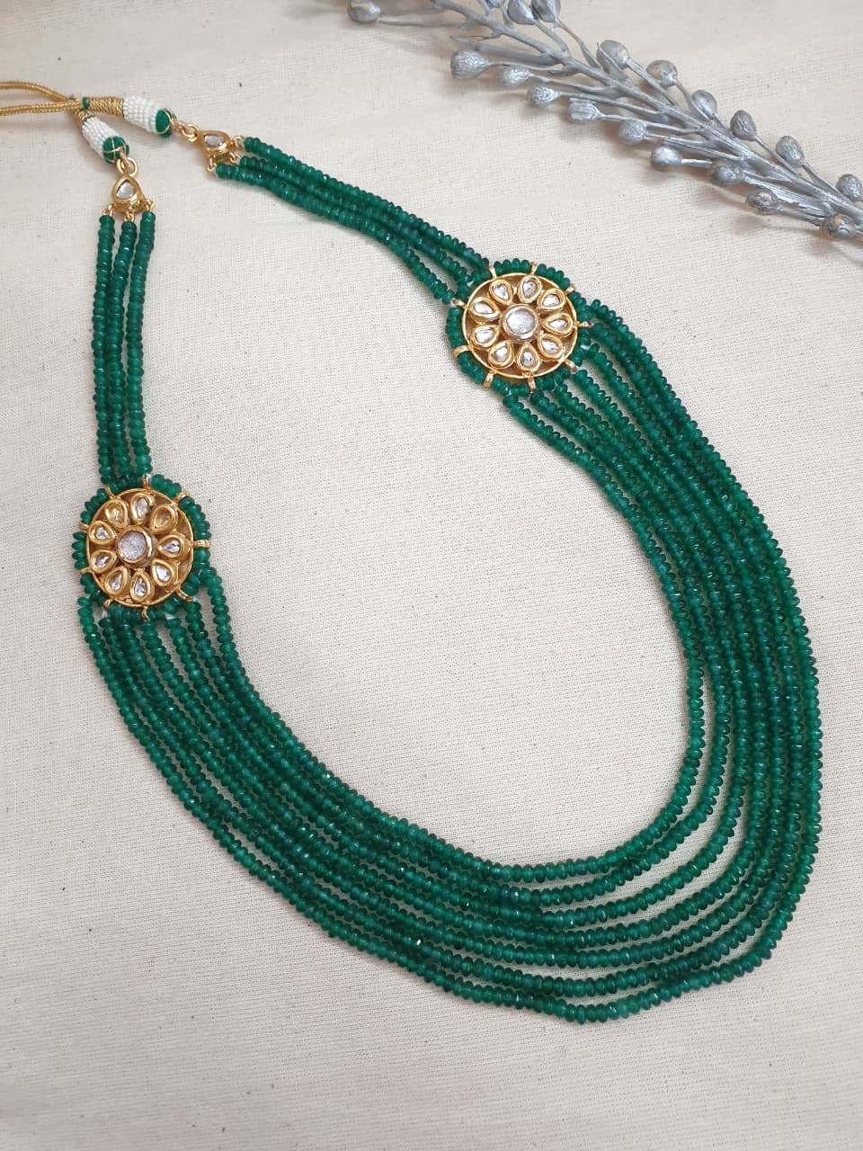 Beautiful Kundan & Green Beads Stone Gold Necklace