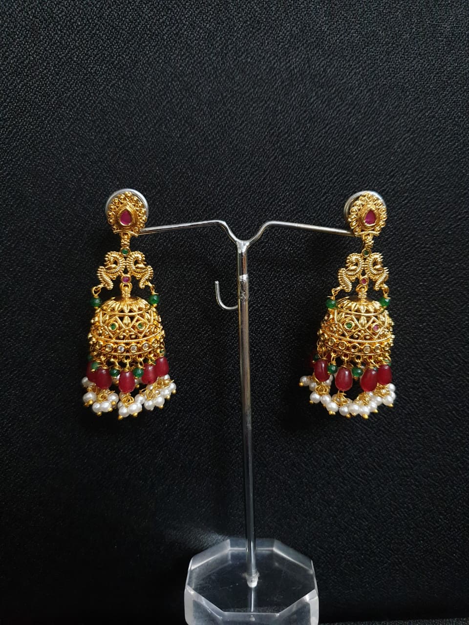 Gold Tone South Indian Ruby Beaded Jhumki Earrings