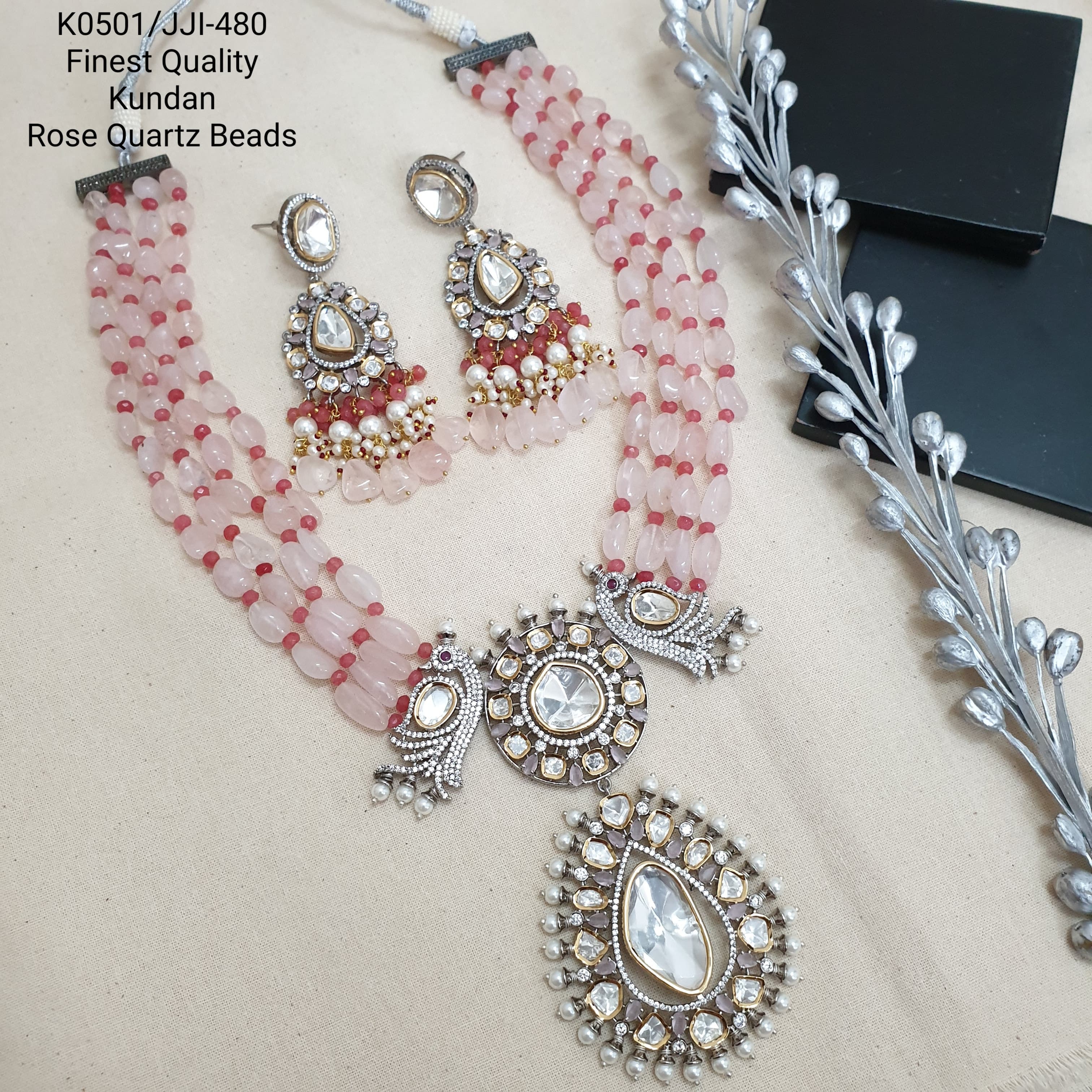 Rose Quartz Uncut Mossansite Kundan Pendant Set