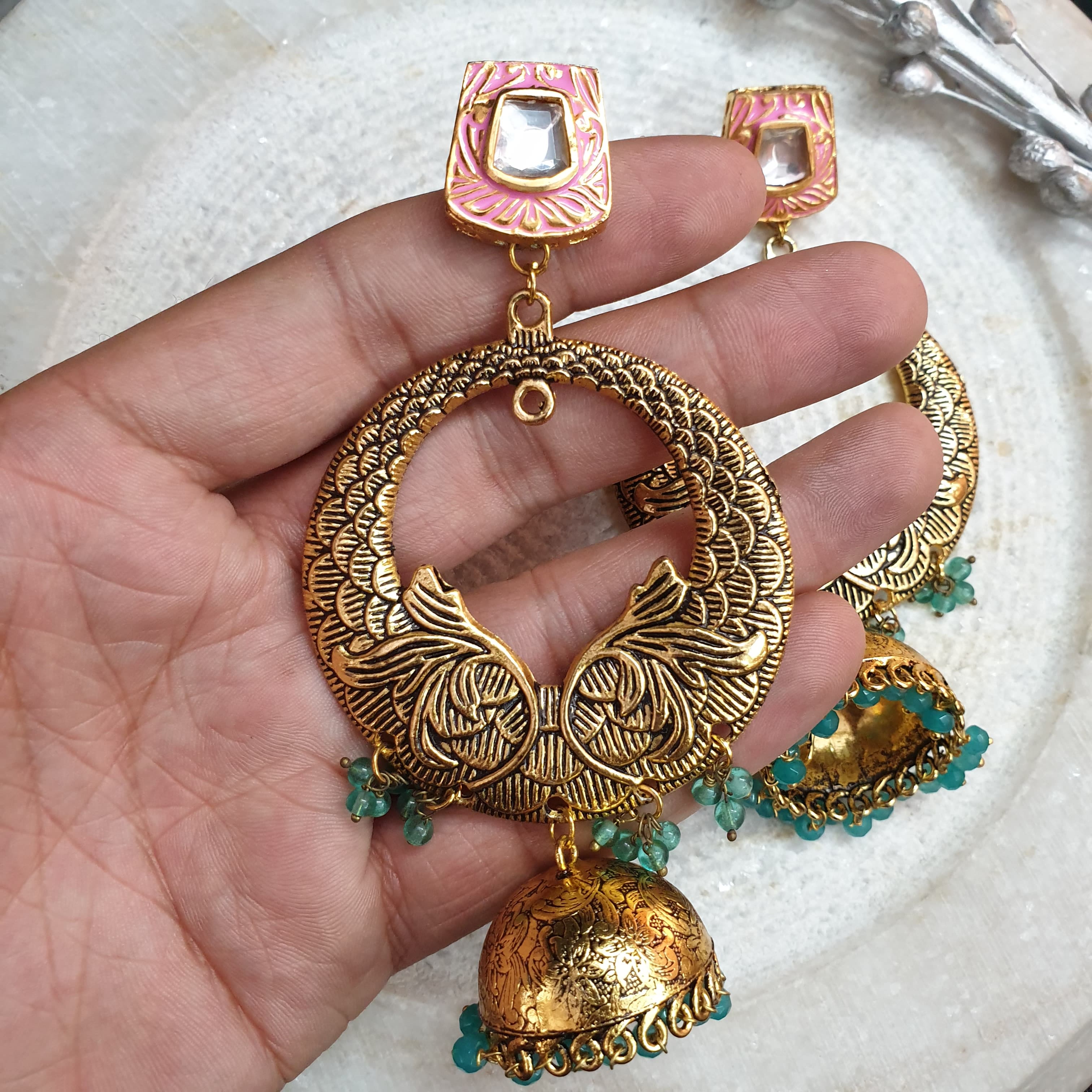 Antique Gold Kundan Big Earrings