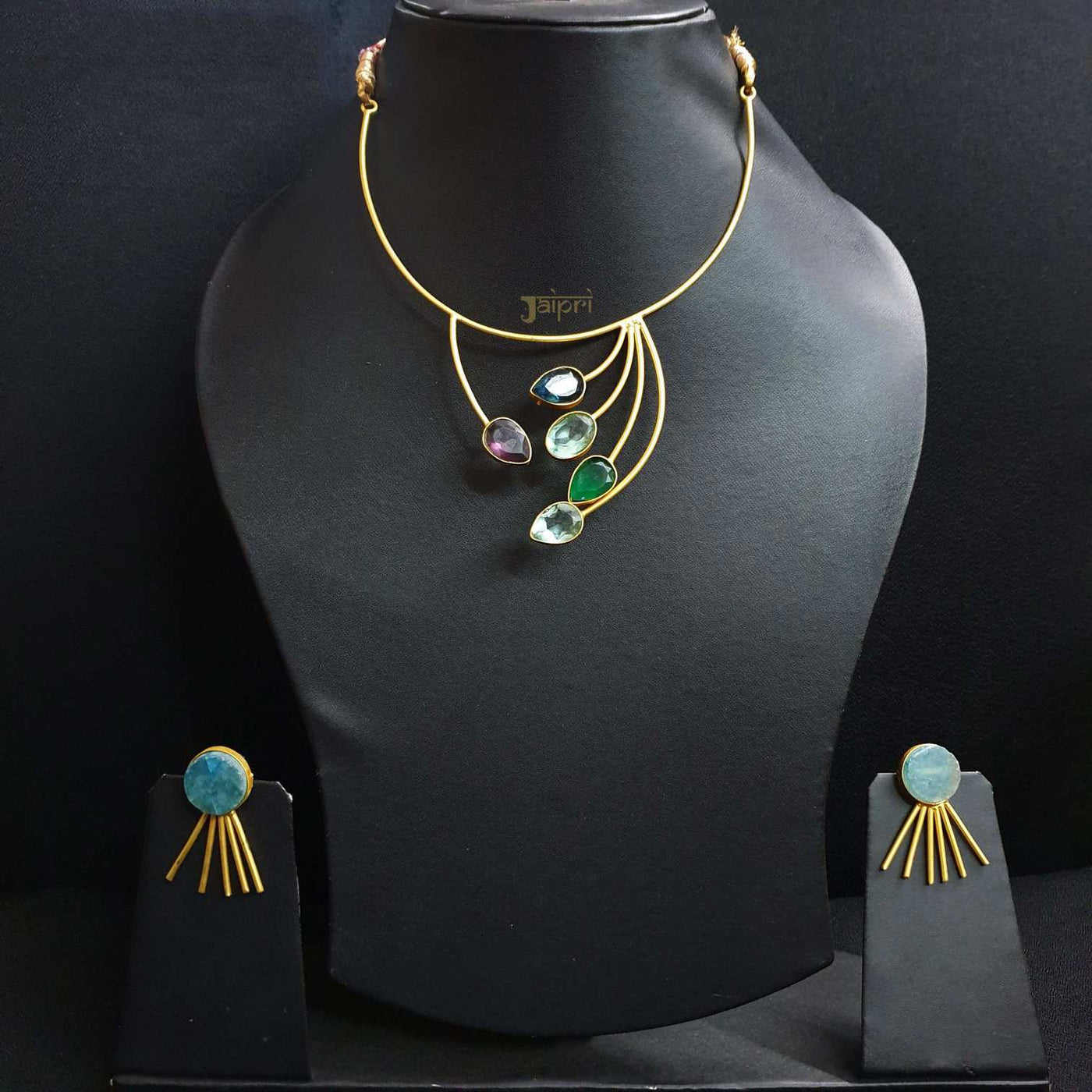 Adorable Multicolor Stone Gold Necklace With Earrings