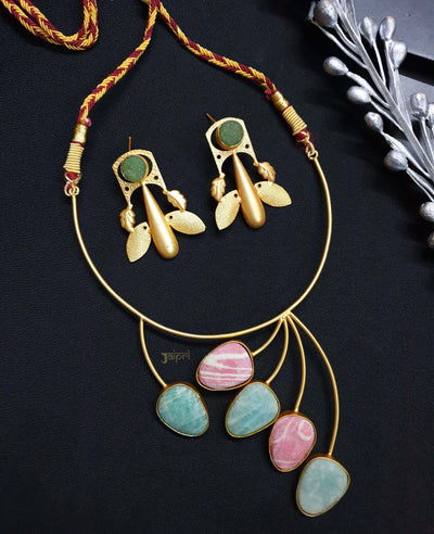 Gold Tone Designer Stone Necklace With Earrings