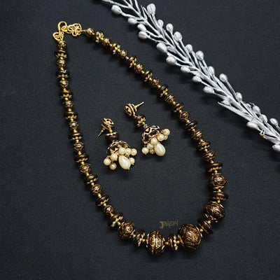 Dark Golden Meenakari Beads Necklace With Earrings