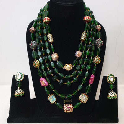 Multilayered Green Beads Stone Long Necklace With Earrings