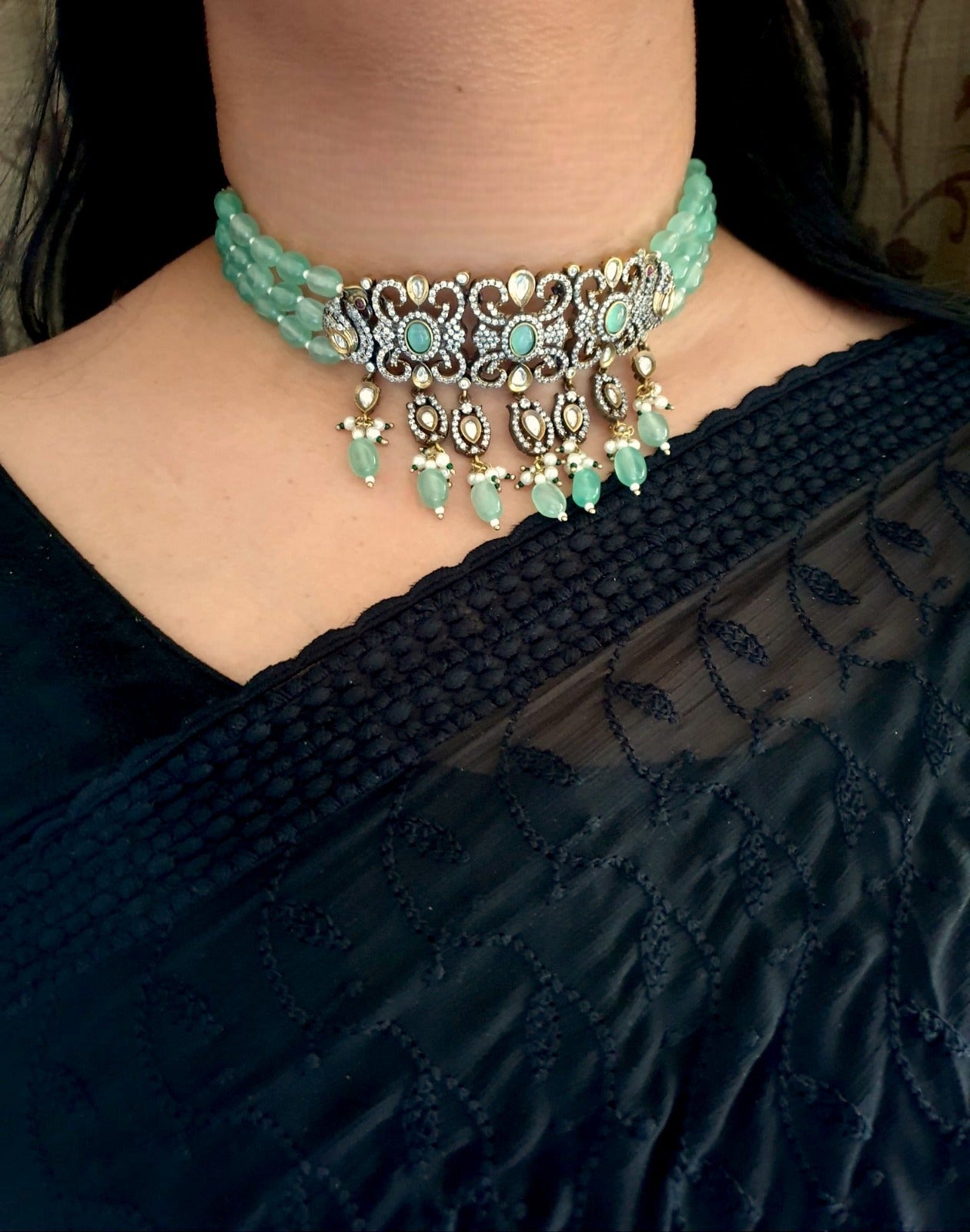 Mint Green American Diamond Choker Necklace With Earrings