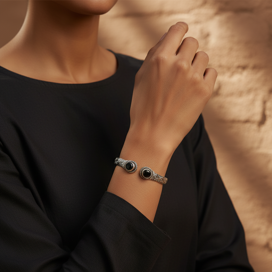 Black Stone Oxidized Cuff Bangle