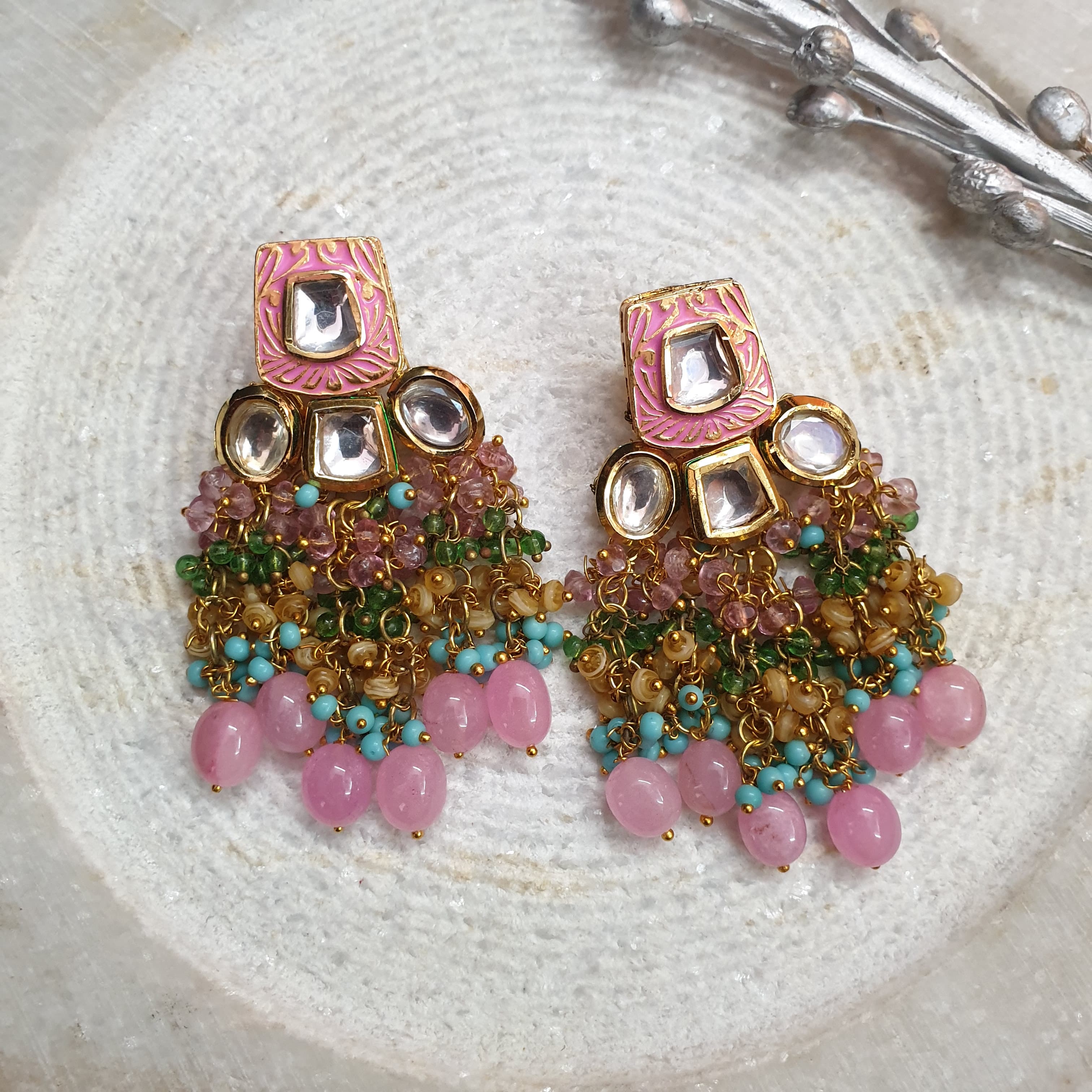 Pink Beaded Kundan Meenakari Earrings