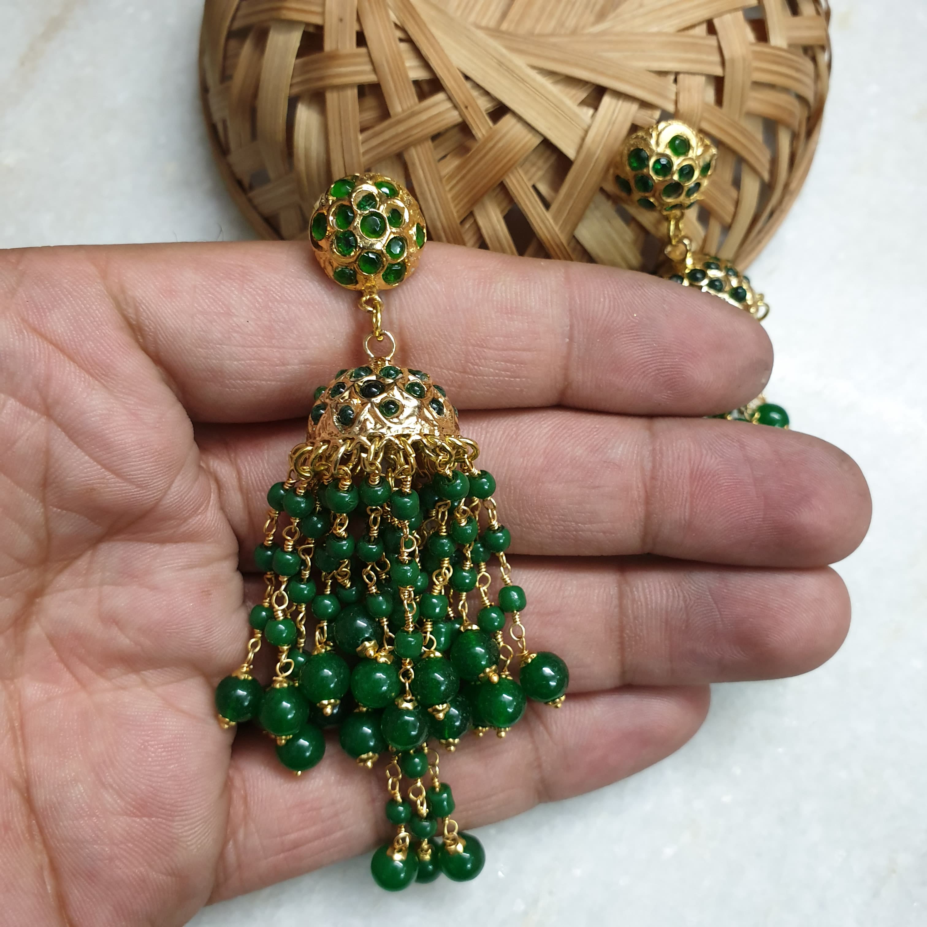 Green Beaded Jadau Jhumki Earrings