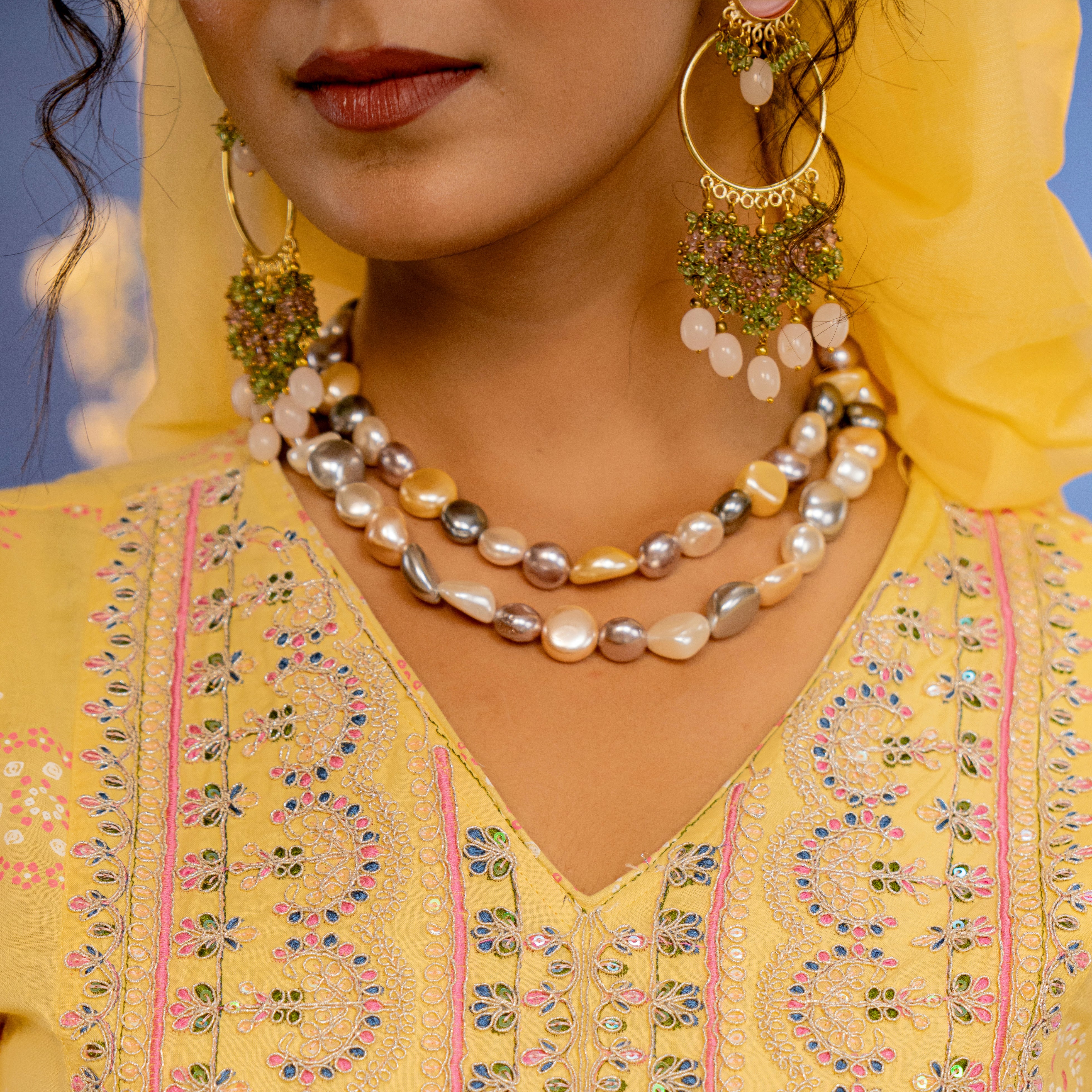 Pearls & Natural Uneven Stone Necklace With Earrings