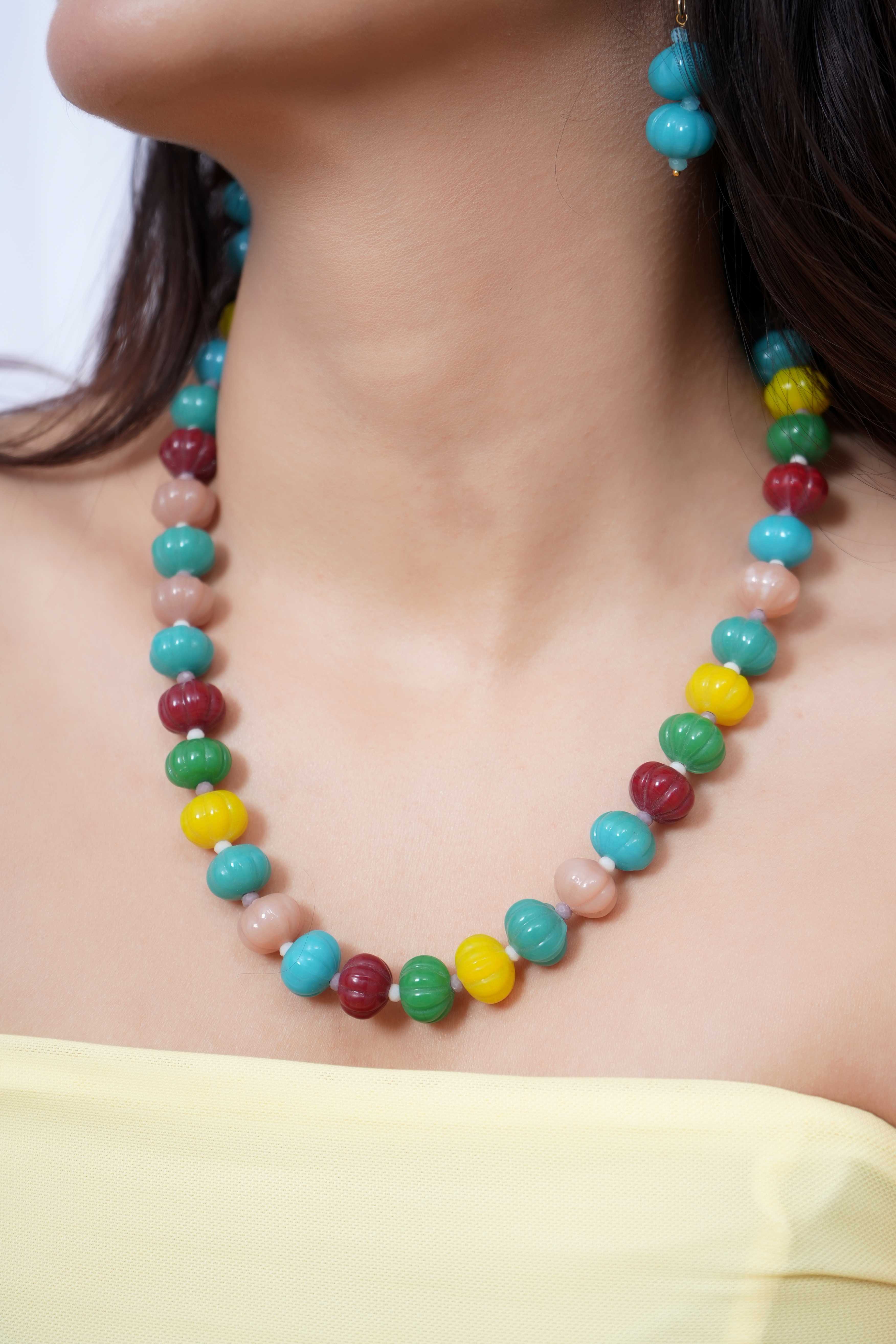 Multi Color Pumpkin Beads Mala With Earrings