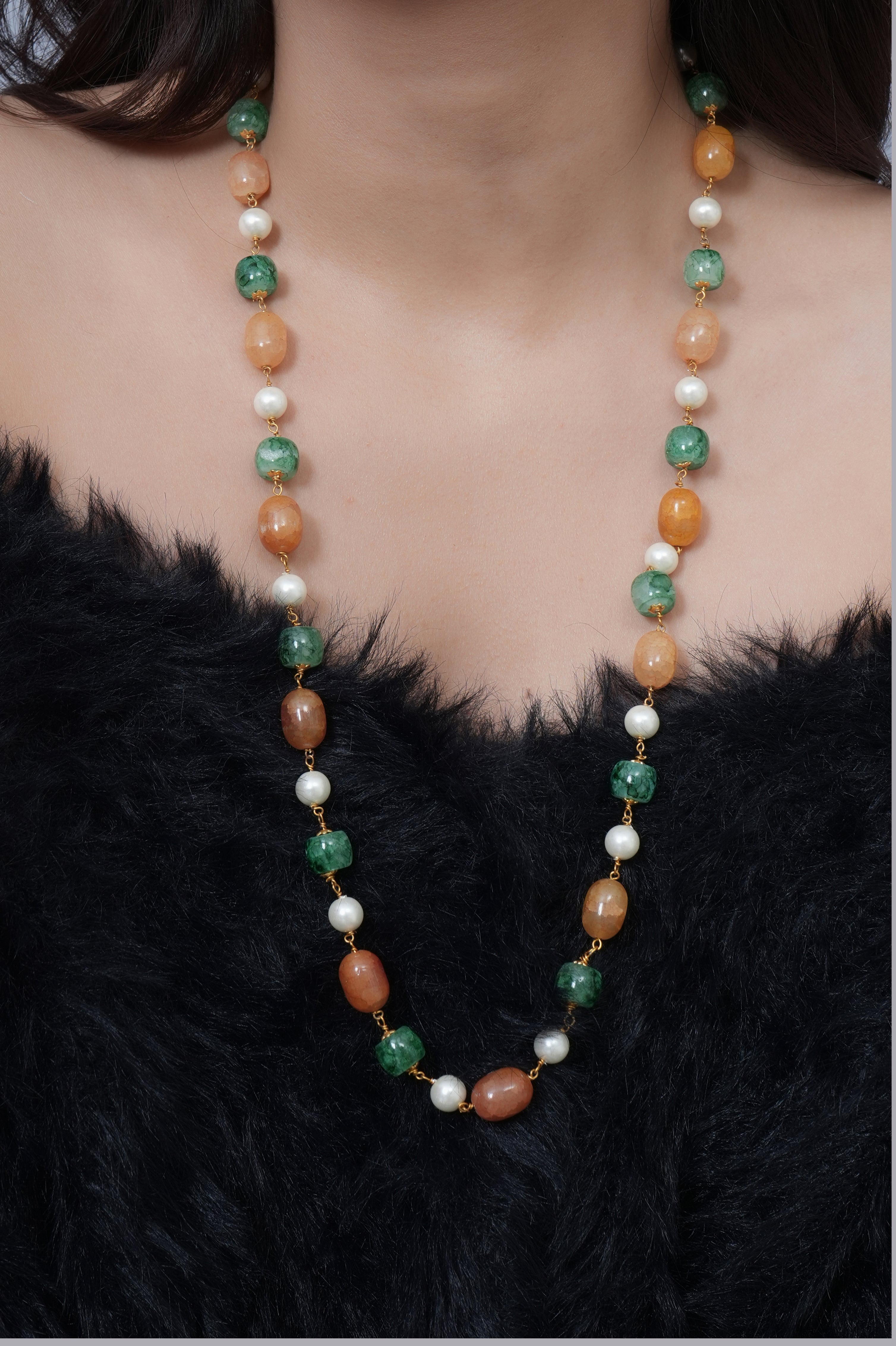 Orange Green Stone Beads Pearl Long Mala