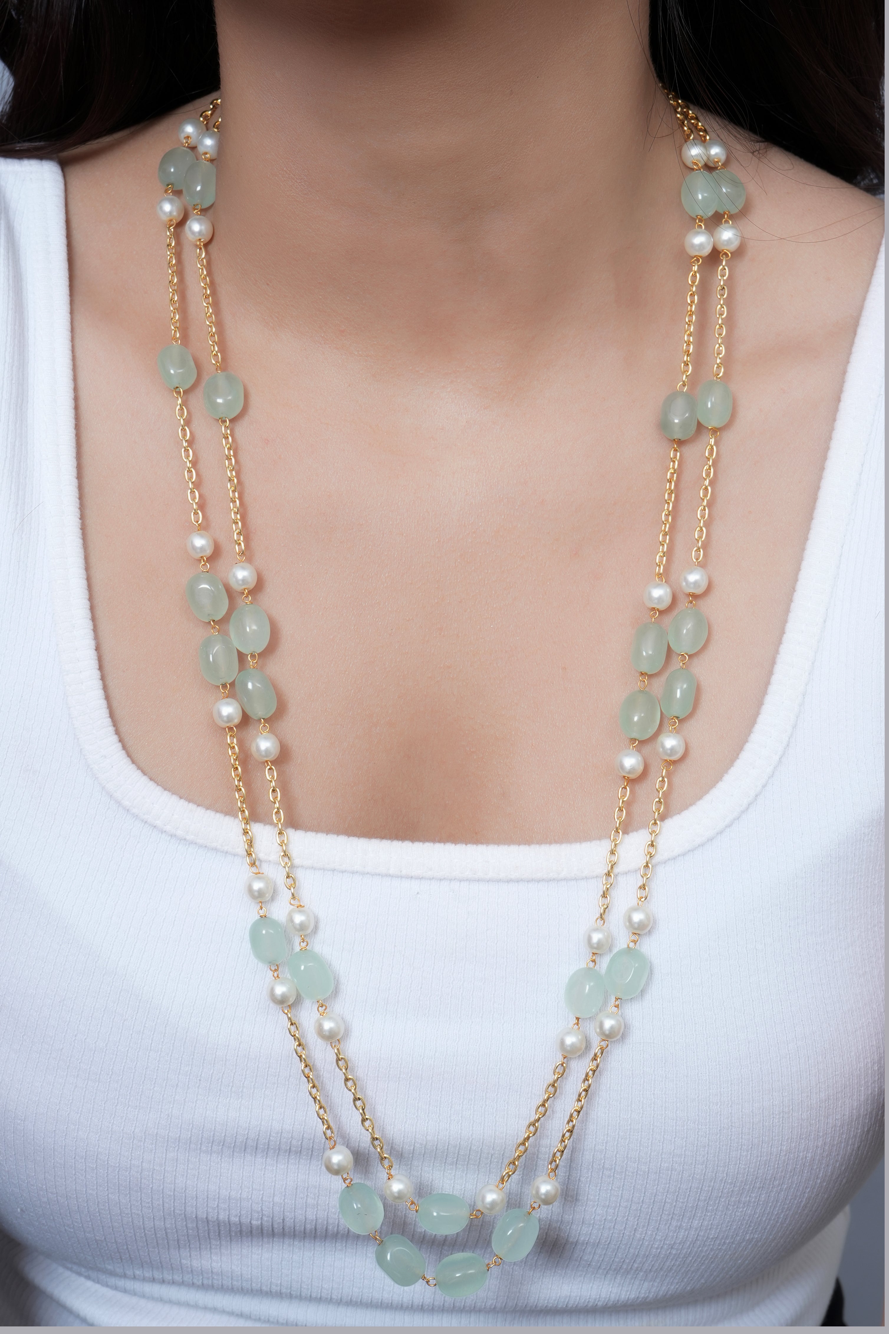 Green Stone Beaded Pearl Chain Necklace