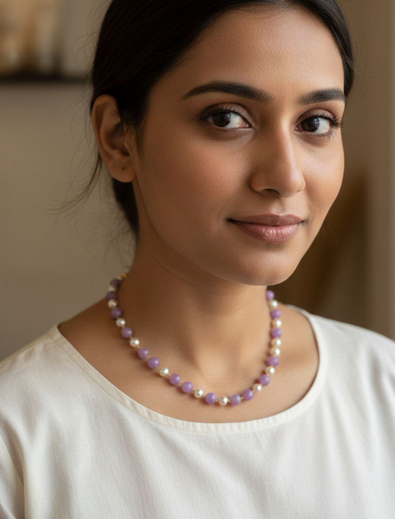 Purple Stone and Pearl Beaded Single Layered Mala