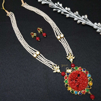 Red Floral & Pearl Fusion Gold Pendant With Earrings