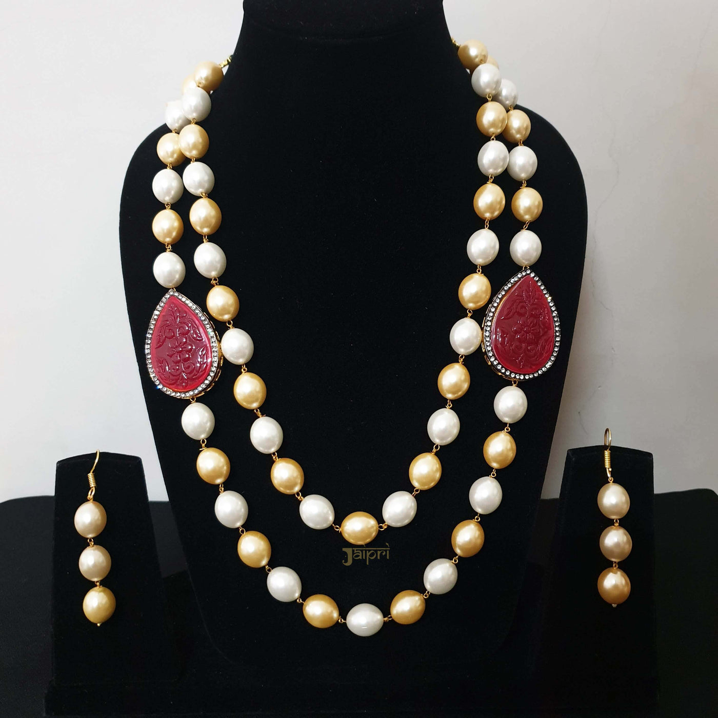 Premium Pearl And Carving Stone Necklace With Earrings