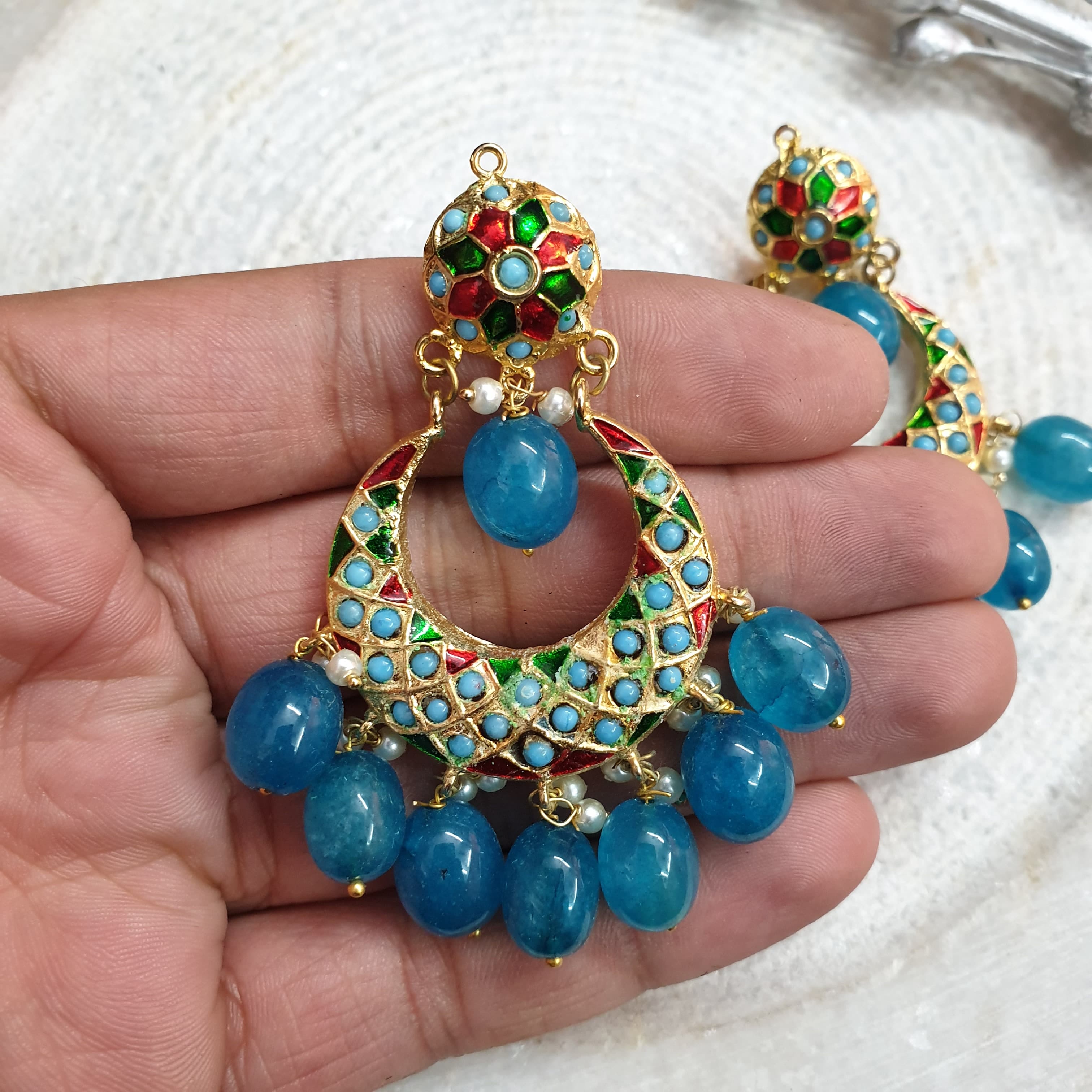 Turquoise Stone Designer Jadau Chandbali Earrings
