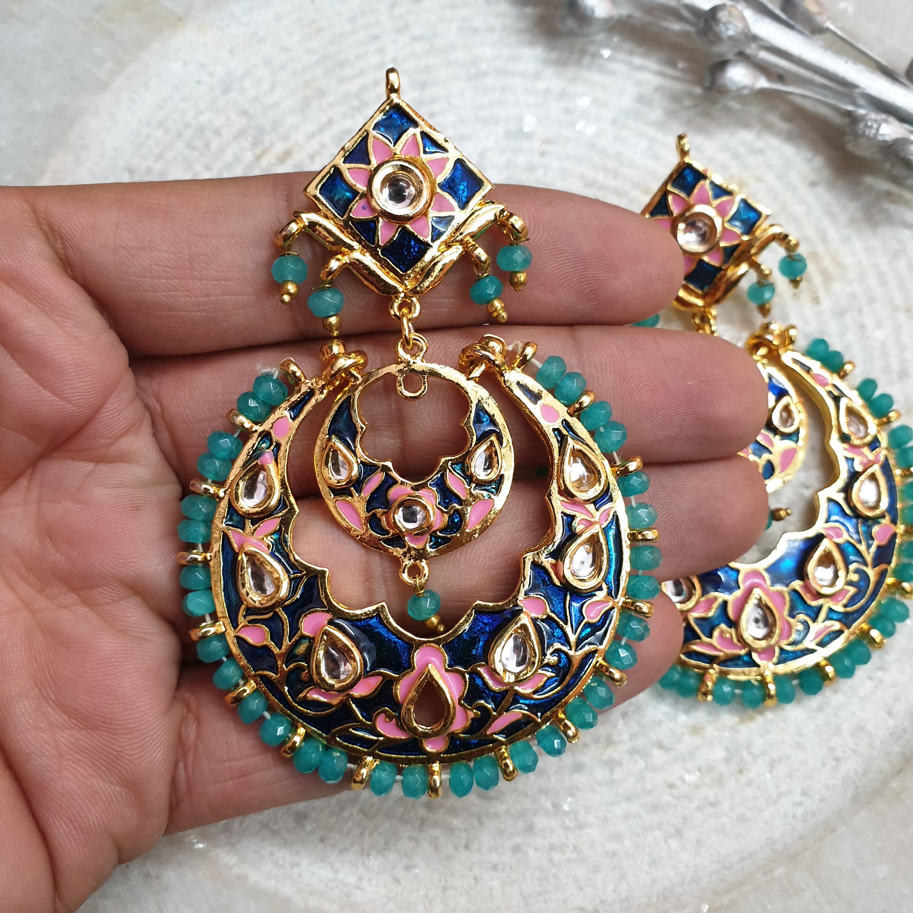 Gold Tone Pink Blue Meenakari Chandbali Earrings