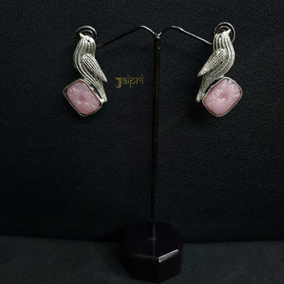 Pink Floral Stone, Bird Design Ear Studs