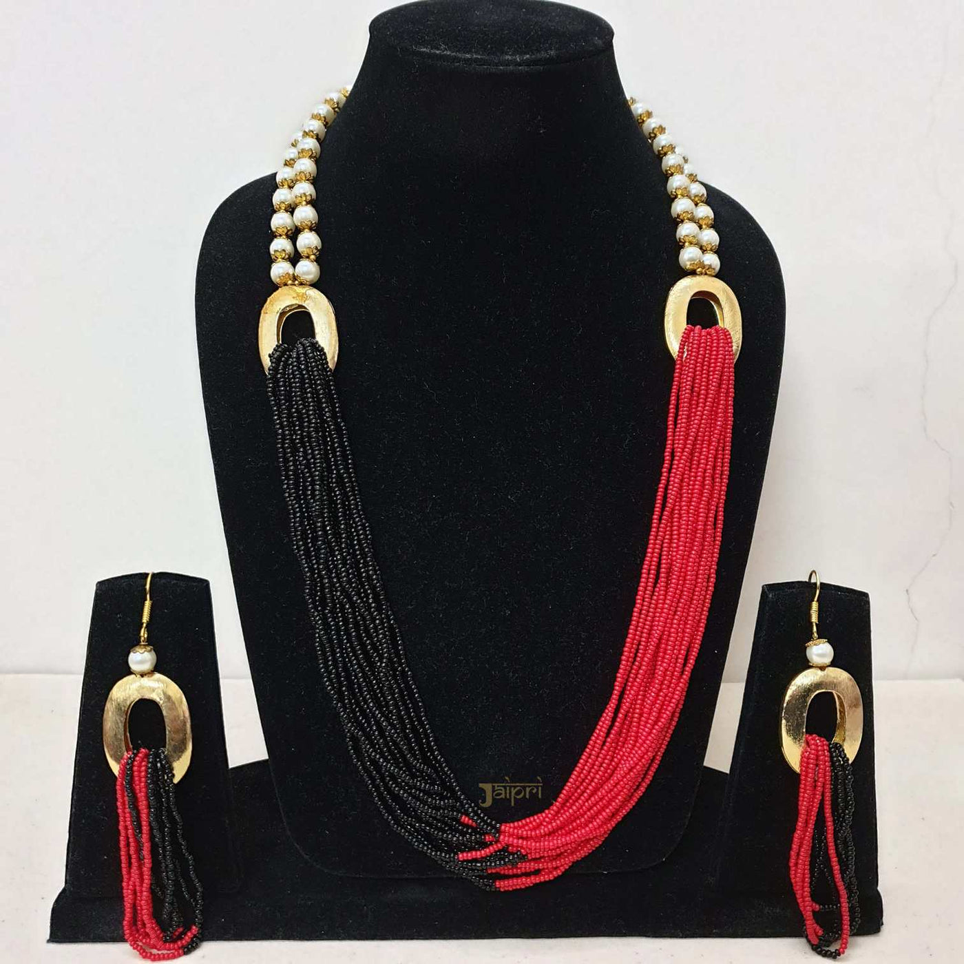 Adorable Black & Red Beads Stone Combination Necklace With Earrings