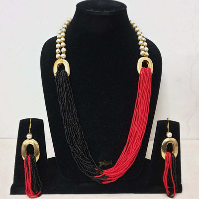 Adorable Black & Red Beads Stone Combination Necklace With Earrings