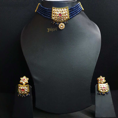 Floral Blue Beads Stone Kundan-Jadau Choker With Earrings