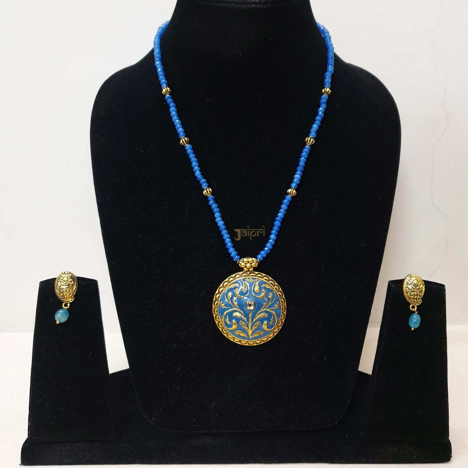 Floral Design Blue Beads Stone Meenakari Pendant With Earrings