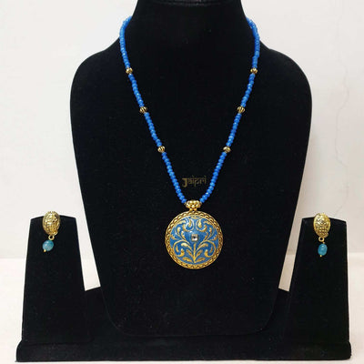 Floral Design & Blue Beads Stone Meenakari Pendant With Earrings
