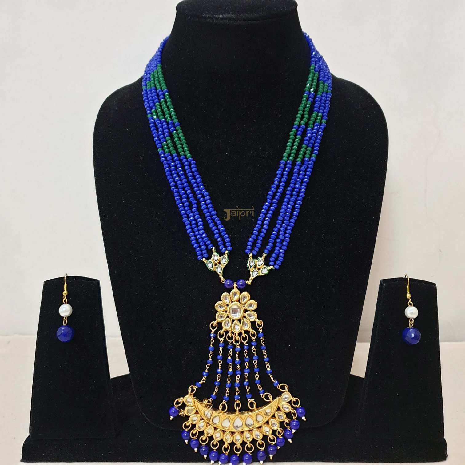 Floral Blue Beads Stone Kundan Pendant With Earrings