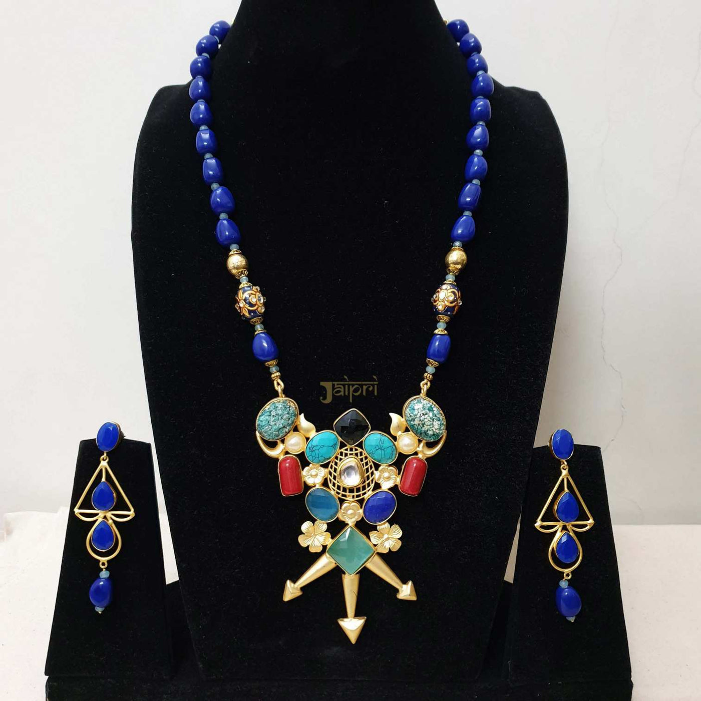 Unique Blue Stone Gold Fusion Pendant With Earrings