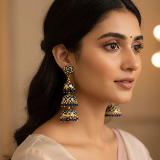 Blue Stone Three Layers Jhumki  Earrings