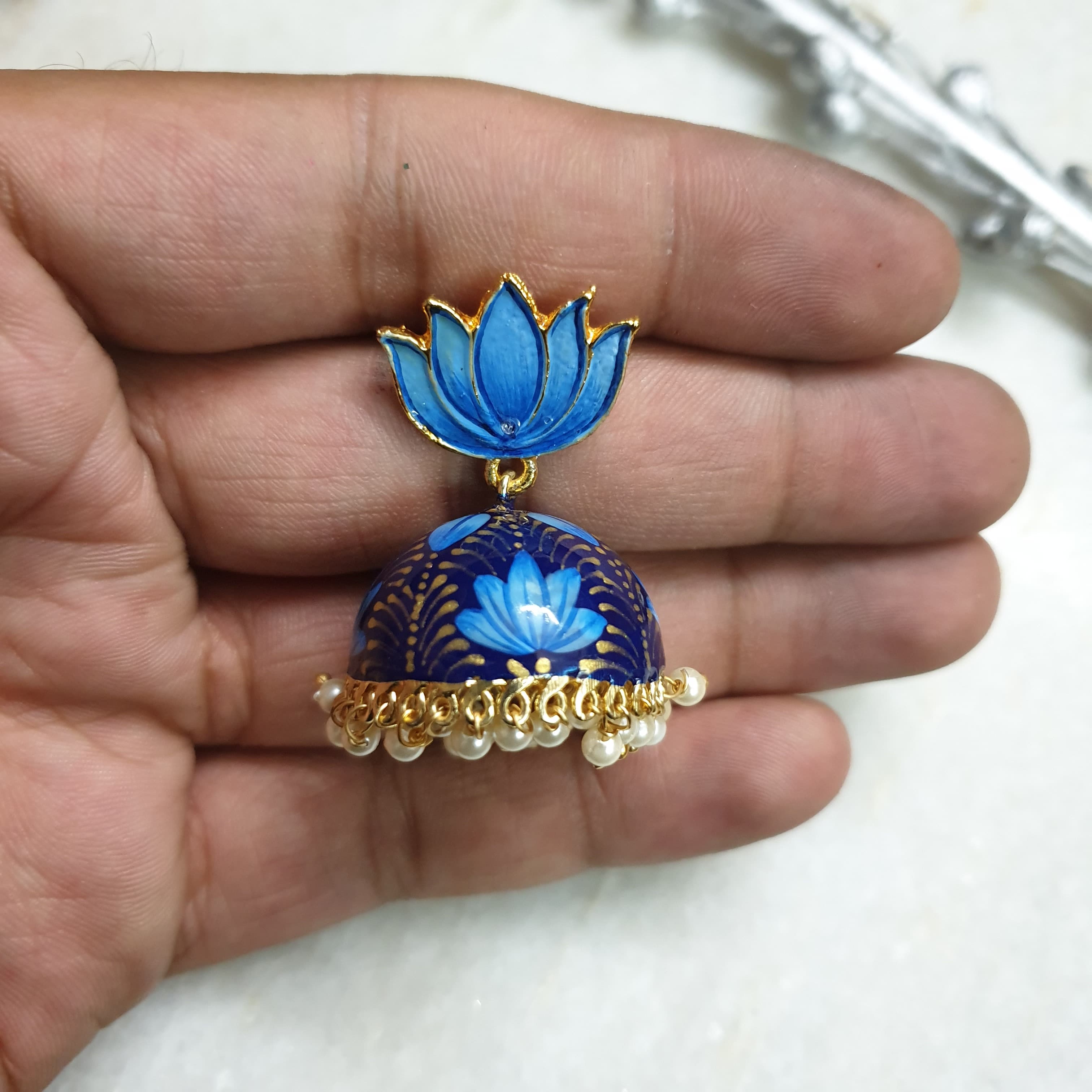 Blue Handpainted Lotus Jhumki Earrings