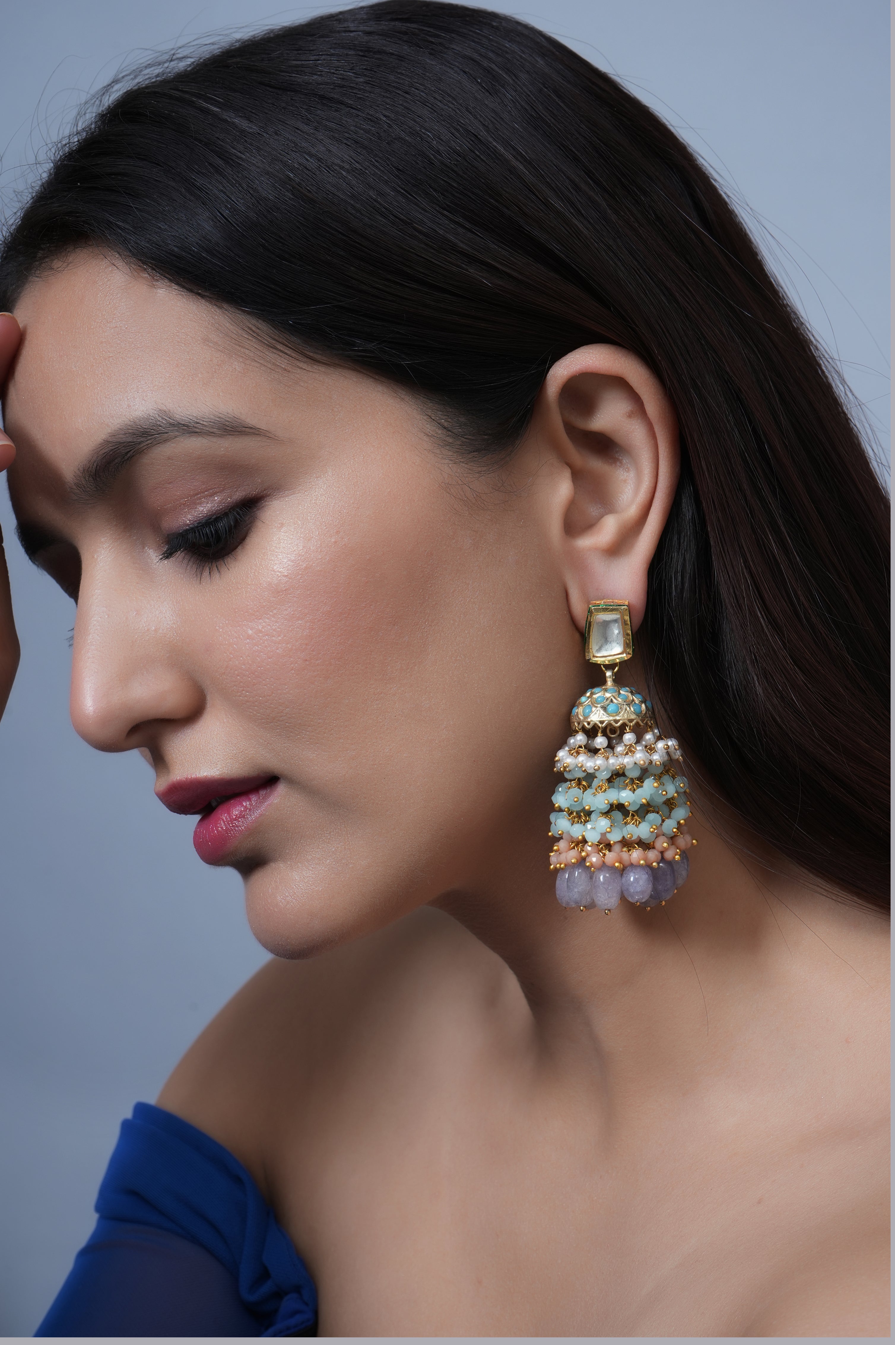 Kundan Jadau Turquoise Peach Beaded Jhumki