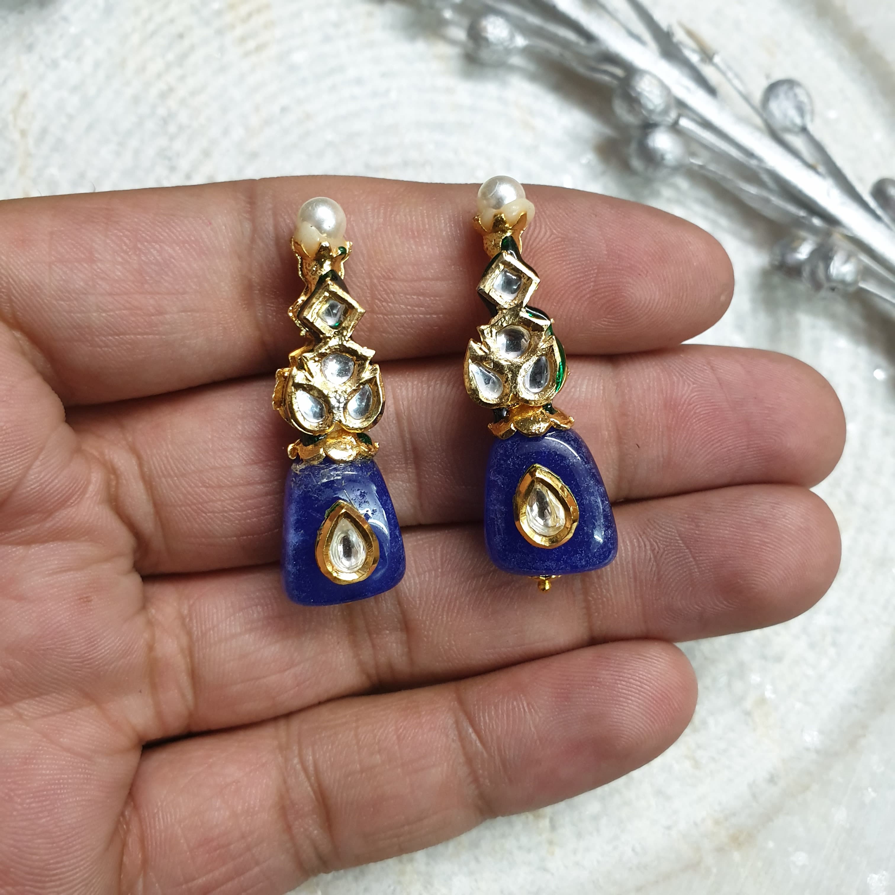 Blue Stone Kundan Small Earrings