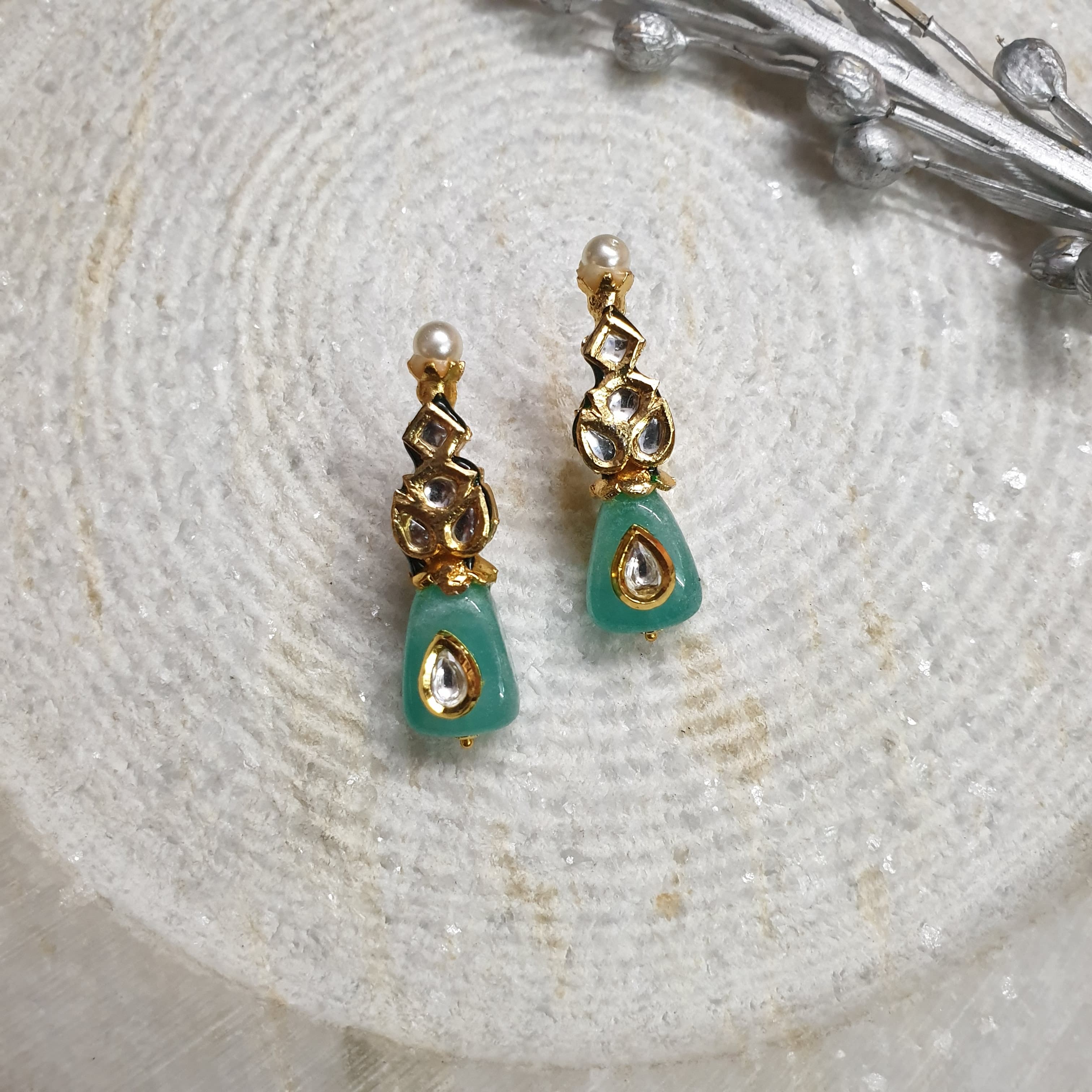 Sea Green Stone Kundan Small Earrings