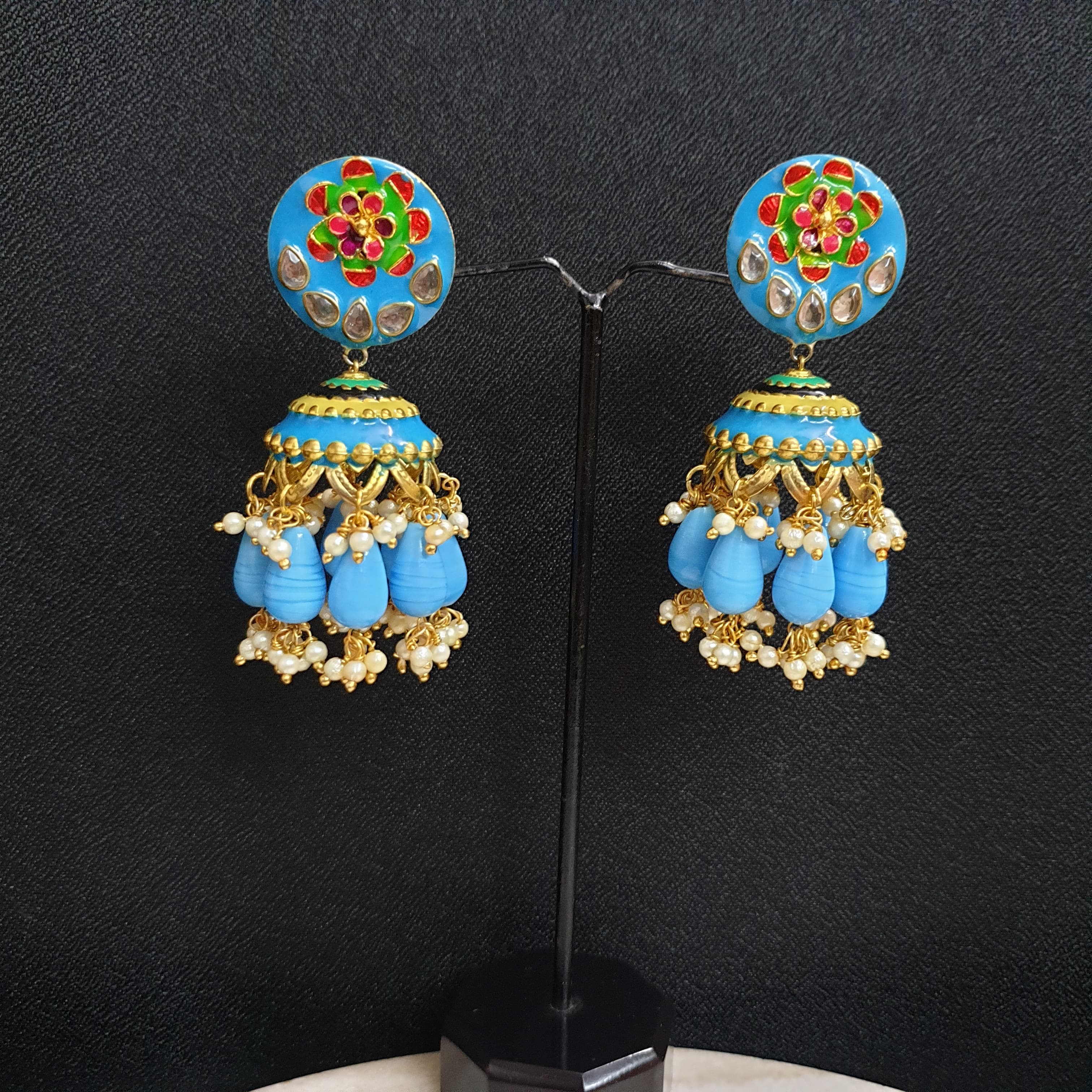 Gold Tone Blue Beads Meenakari Jhumki Earrings