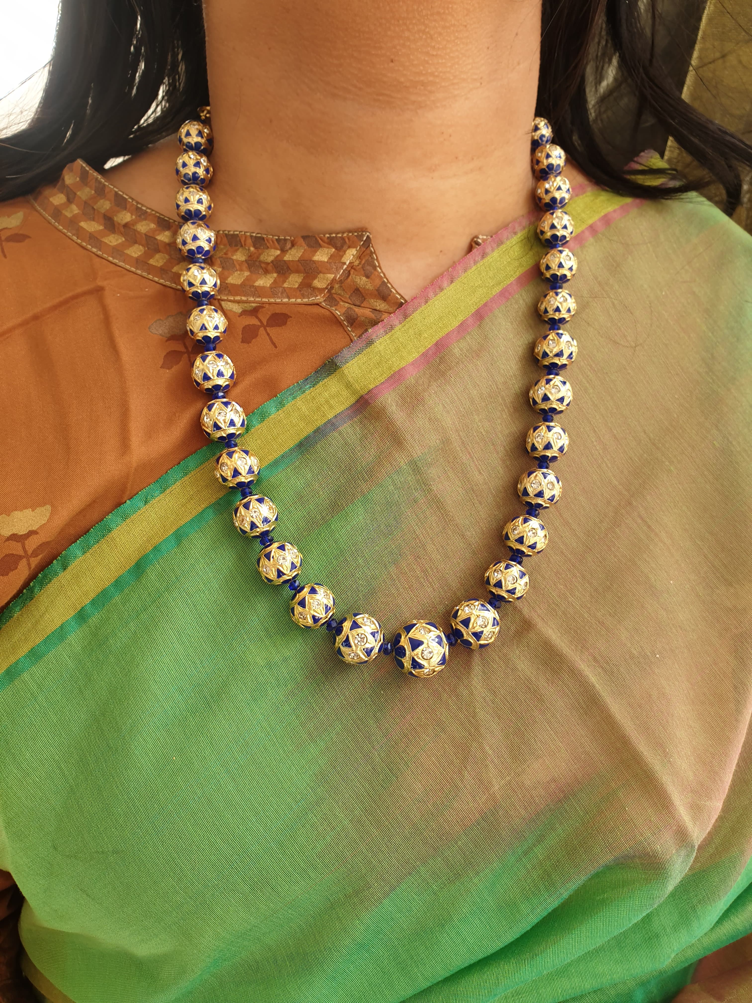 Dark Blue Meenakari Beaded Necklace With Earrings