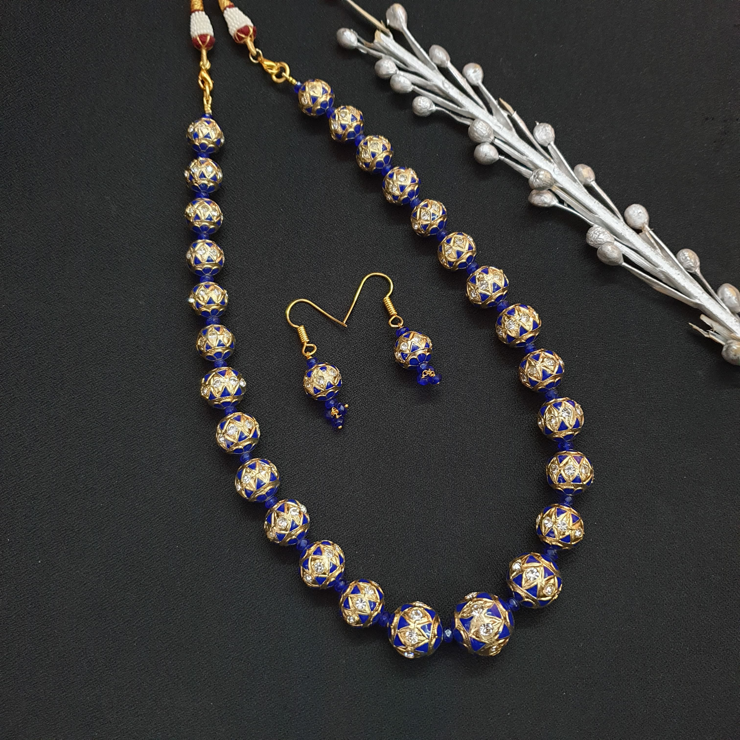 Dark Blue Meenakari Beaded Necklace With Earrings