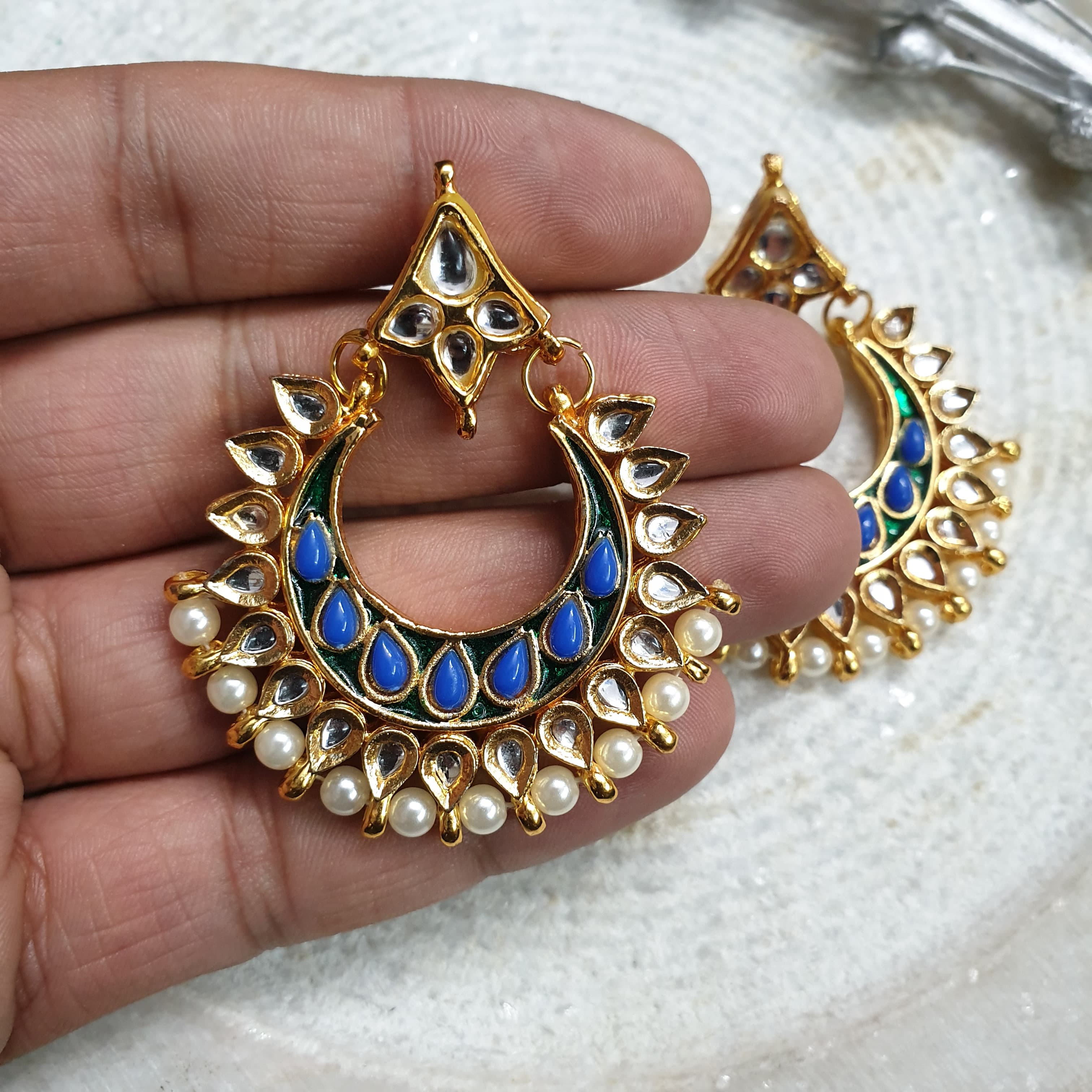 Gold Tone Blue Stone Chandbali Earrings