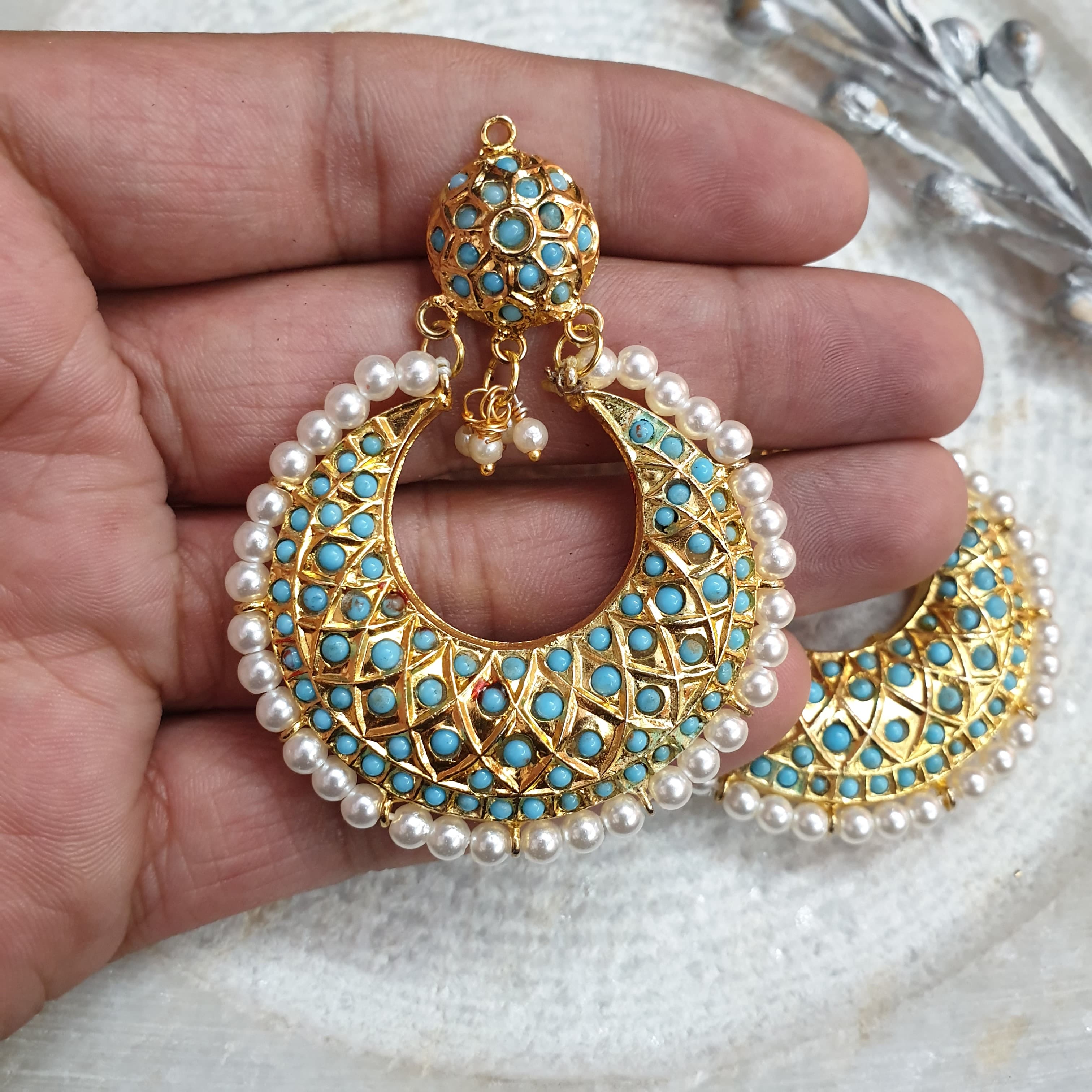 Turquoise Stone Jadau Chandbali Earrings