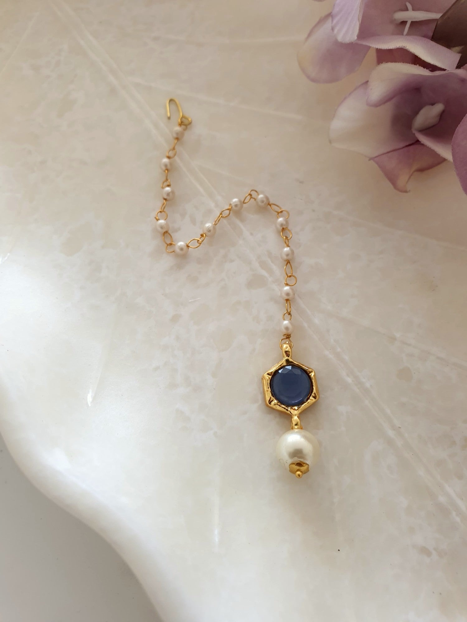 Blue Stone Meenakari Pearl Beaded Maang Tikka