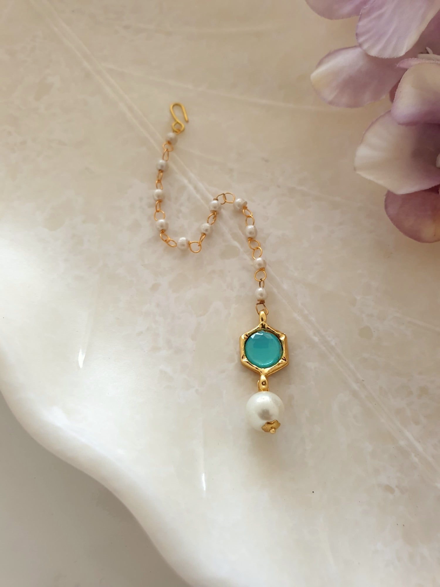 Light Blue Stone Meenakari Pearl Beaded Maang Tikka