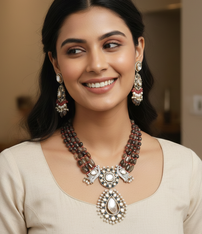 Grey Uncut Mossansite Kundan Bird Pendant Set