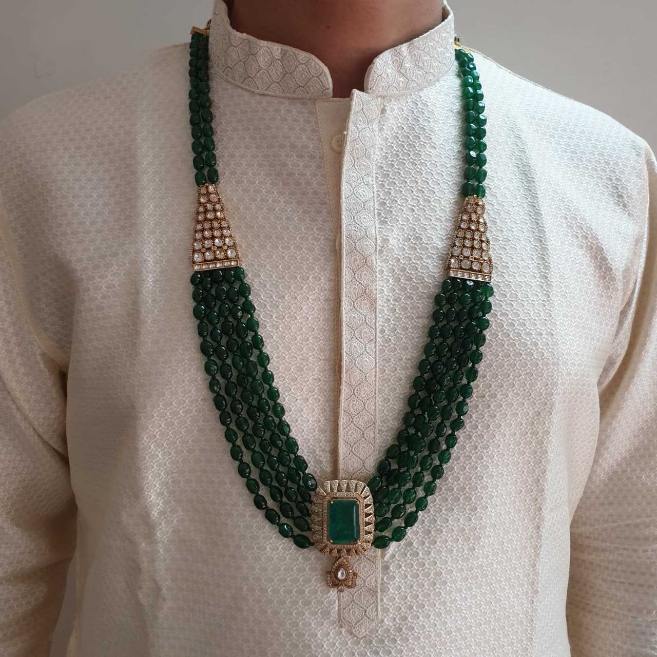 Emerald Green Premium Kundan Polki Groom Necklace