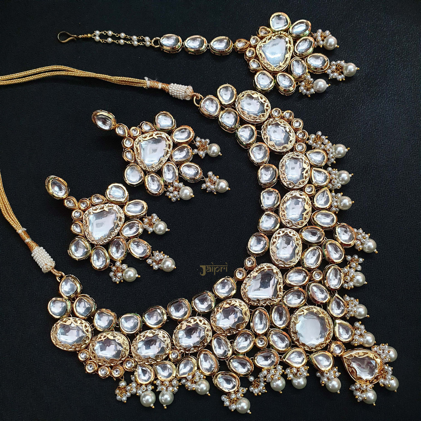 Kundan Pearl Bridal Necklace With Earrings And Maangtikka