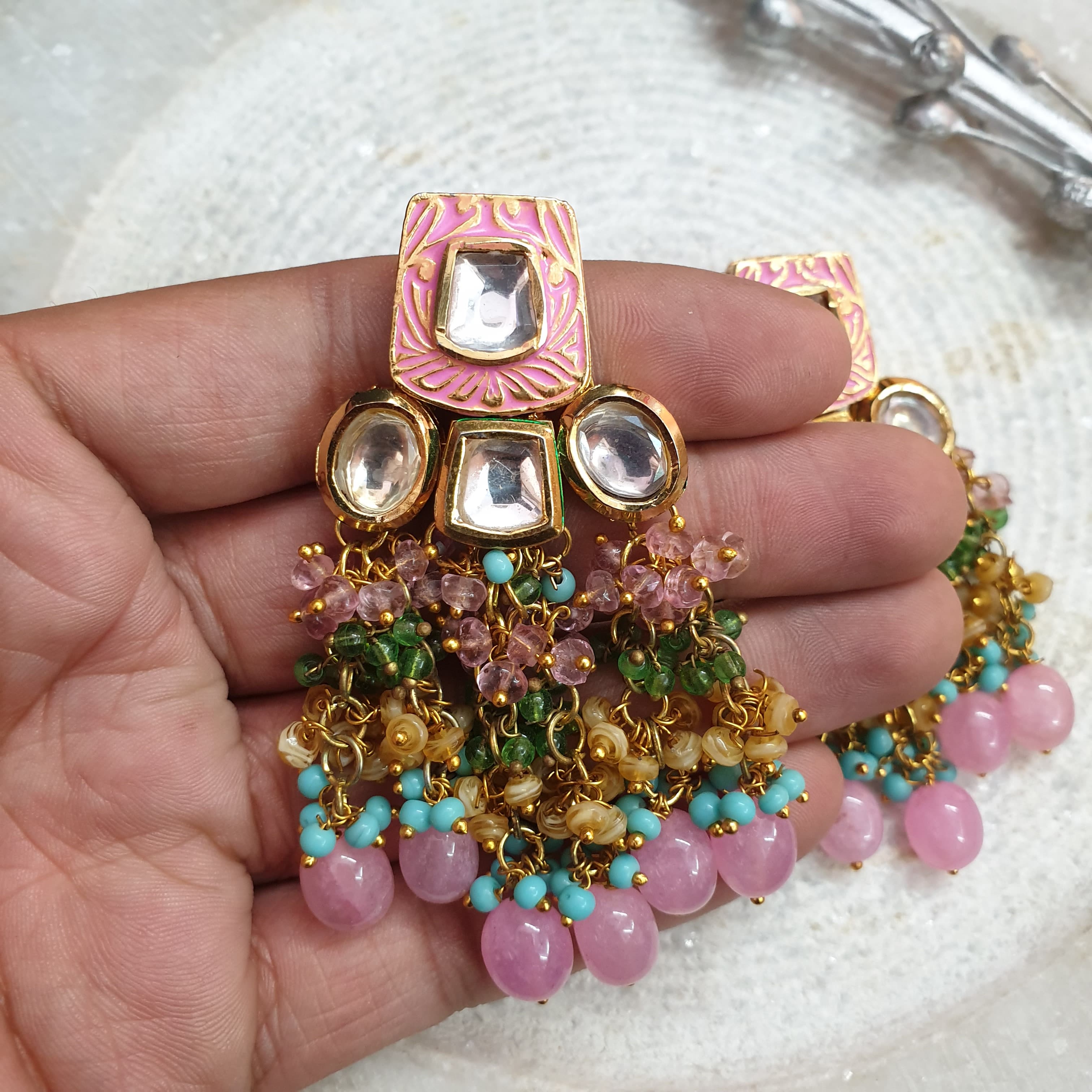 Pink Beaded Kundan Meenakari Earrings
