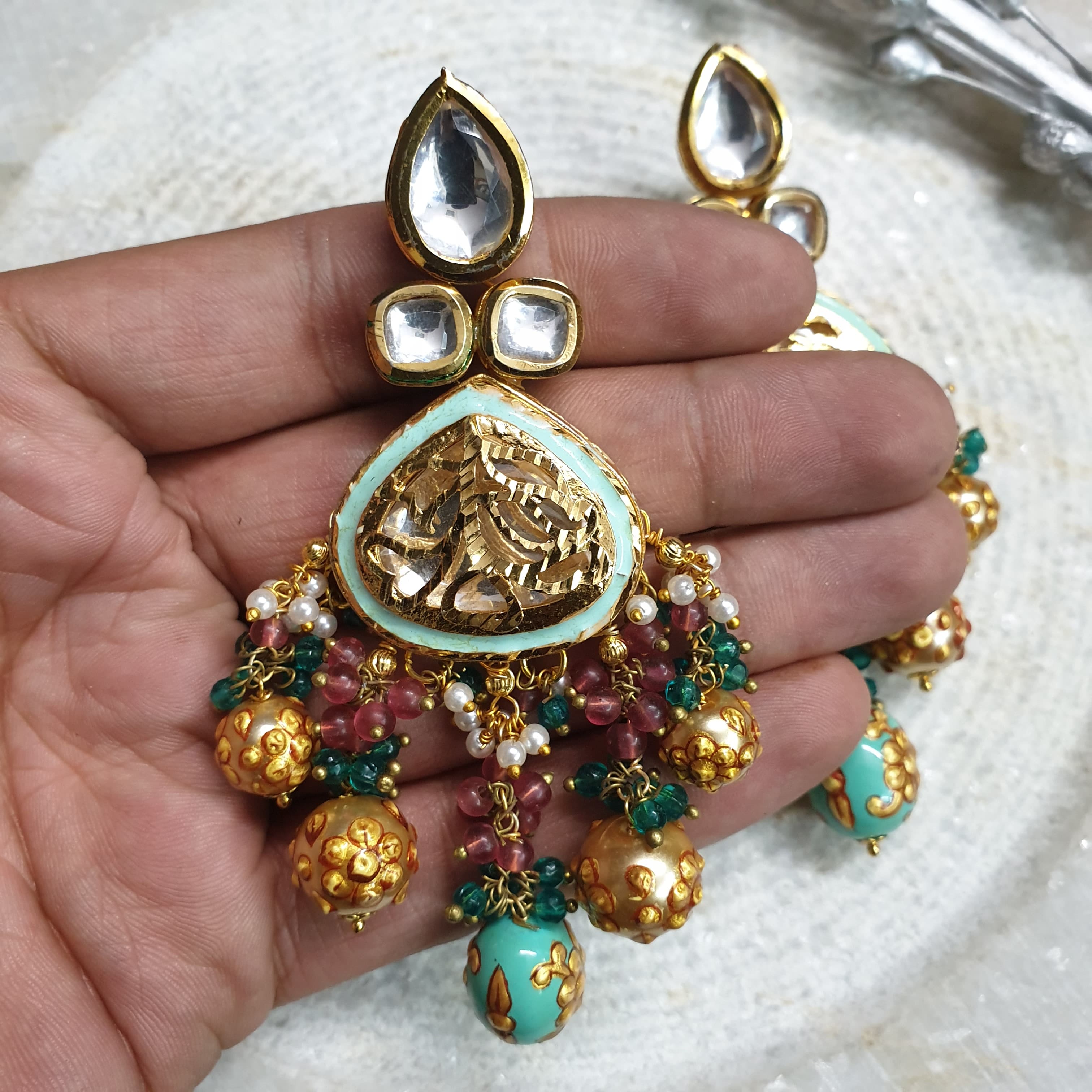 Turquoise Gold Color Kundan Party Wear Earrings