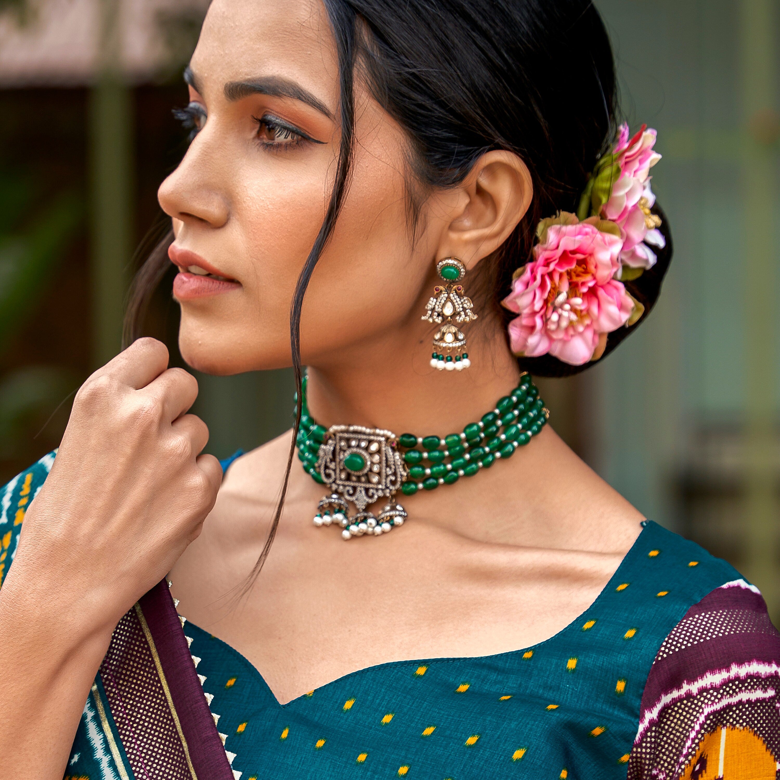 Green American Diamond Choker Necklace Set With Jhumki Earrings