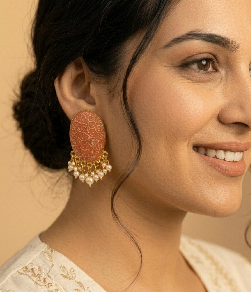 Oval Carving Stud Earrings