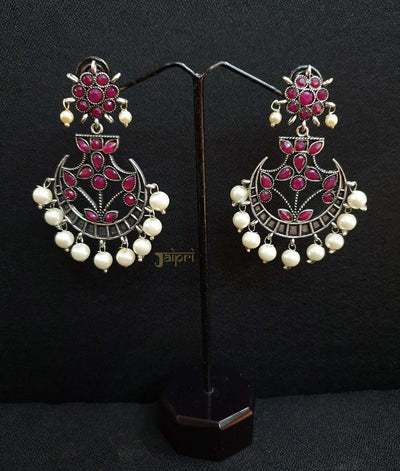Ruby & Pearl Stone Chand-Bali Oxidized Earrings