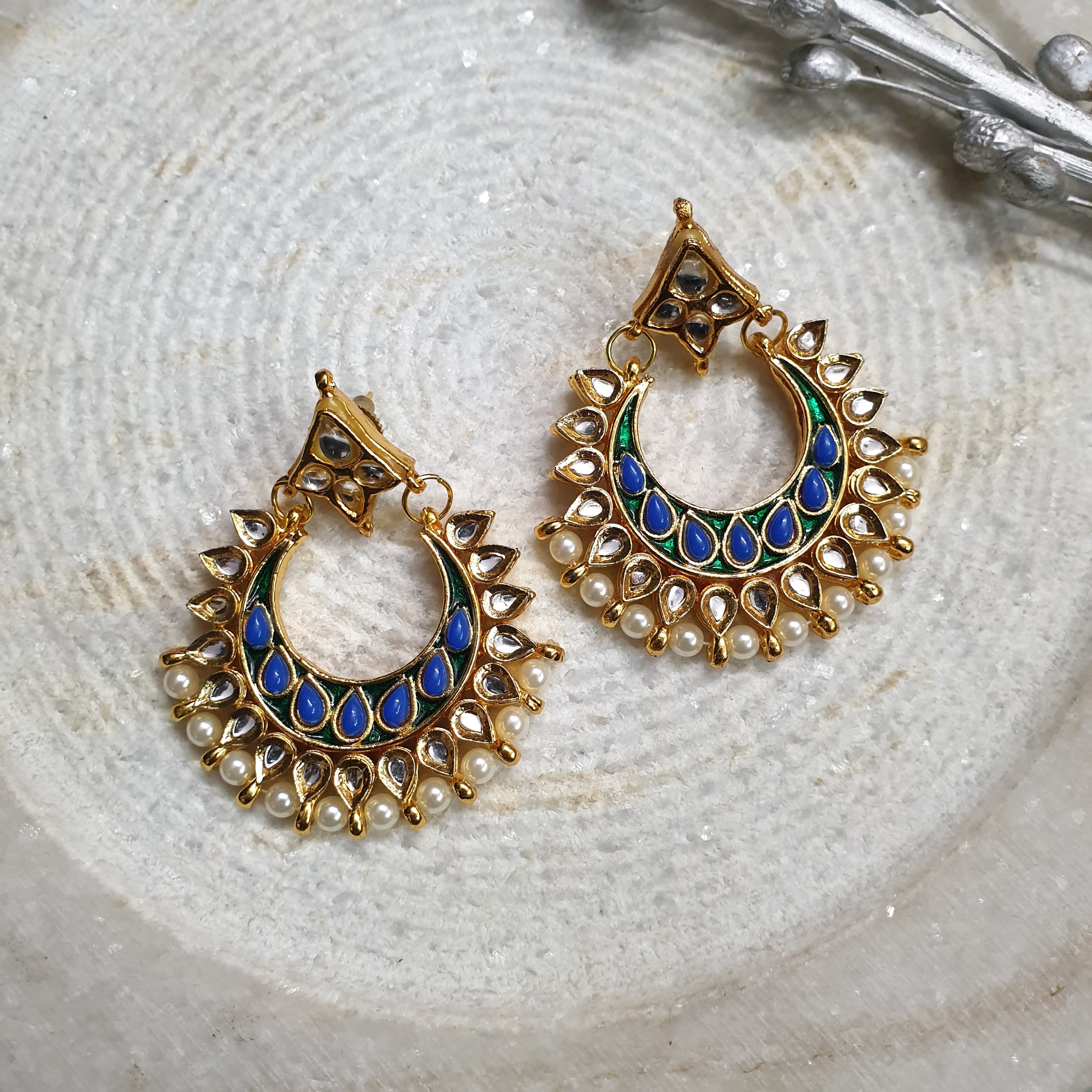 Gold Tone Blue Stone Chandbali Earrings